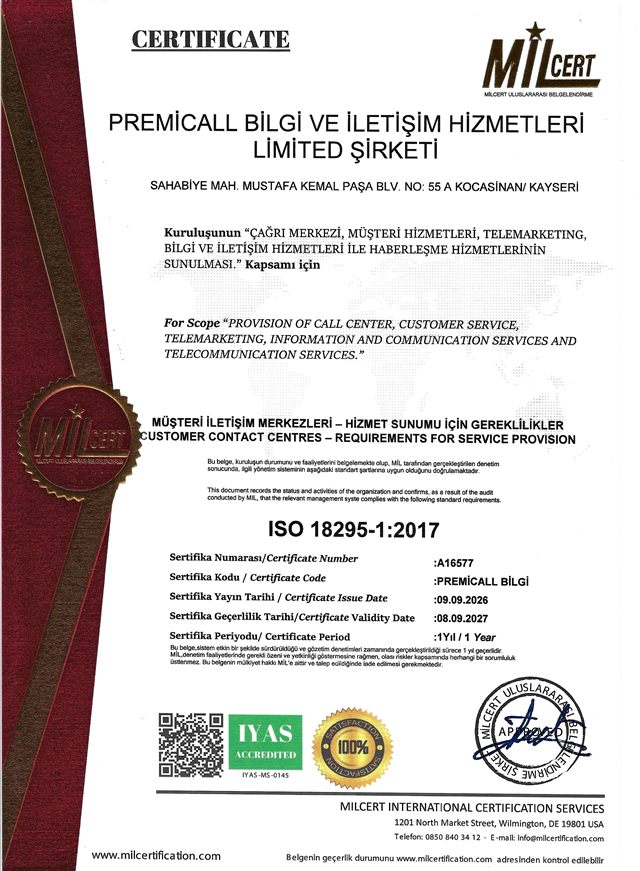 MILCERT-Zertifikat ISO 18295-1:2017 für Premicall, Nummer A16577