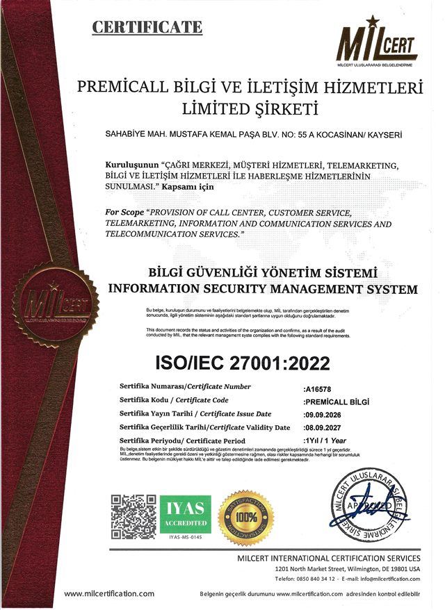 MILCERT-Zertifikat ISO/IEC 27001:2022 für Premicall, Nummer A16578