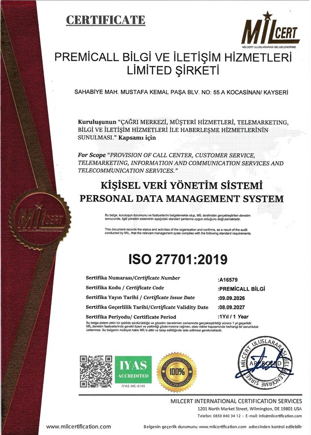 MILCERT-Zertifikat ISO 27701:2019 für Premicall, Nummer A16579