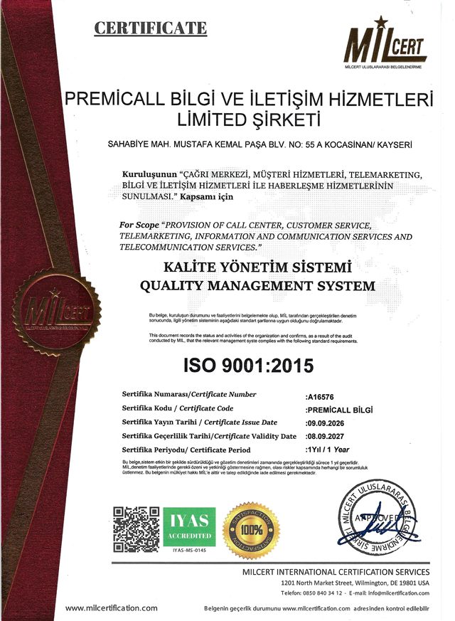 MILCERT-Zertifikat ISO 9001:2015 für Premicall, Nummer A16576