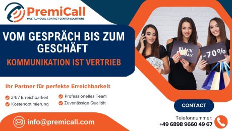 Grafik mit Text „Vom Gespräch zum Umsatz – professionelle Kundenkommunikation von PremiCall“